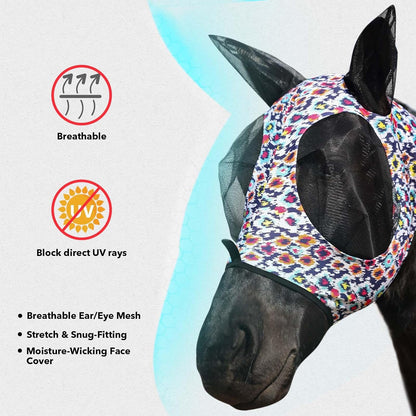 Harrison Howard Super Comfort Stretchy Fly Mask Large Eye Space with UV Protection Soft on Skin with Breathability Geo Feather XL