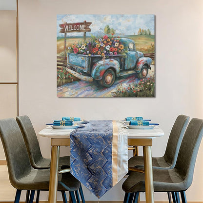 Farmhouse Truck Wall Art Rustic Country Wildflowers Wall Decor Road Flowers Landscape Pictures Canvas Print Painting Artwork for Bathroom Living Room Bedroom 20"x24"