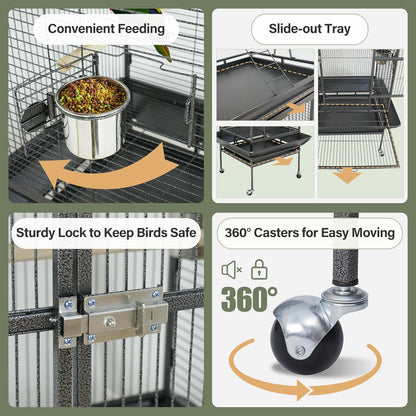 ZENY 68-Inch Birdcage, Playtop Parrot Cage, Wrought Iron Bird Cage with Rolling Stand, Heavy-Duty Pet Bird House for Parrot Cockatiel Cockatoo Parakeet Macaw Finches, Black