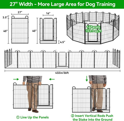 Dog Playpen Outdoor 16 Panels Heavy Duty Dog Fence 40" Height Anti-Rust with Doors Portable for RV Camping Yard, Total 36FT, 102 Sq.ft, Snowy Black
