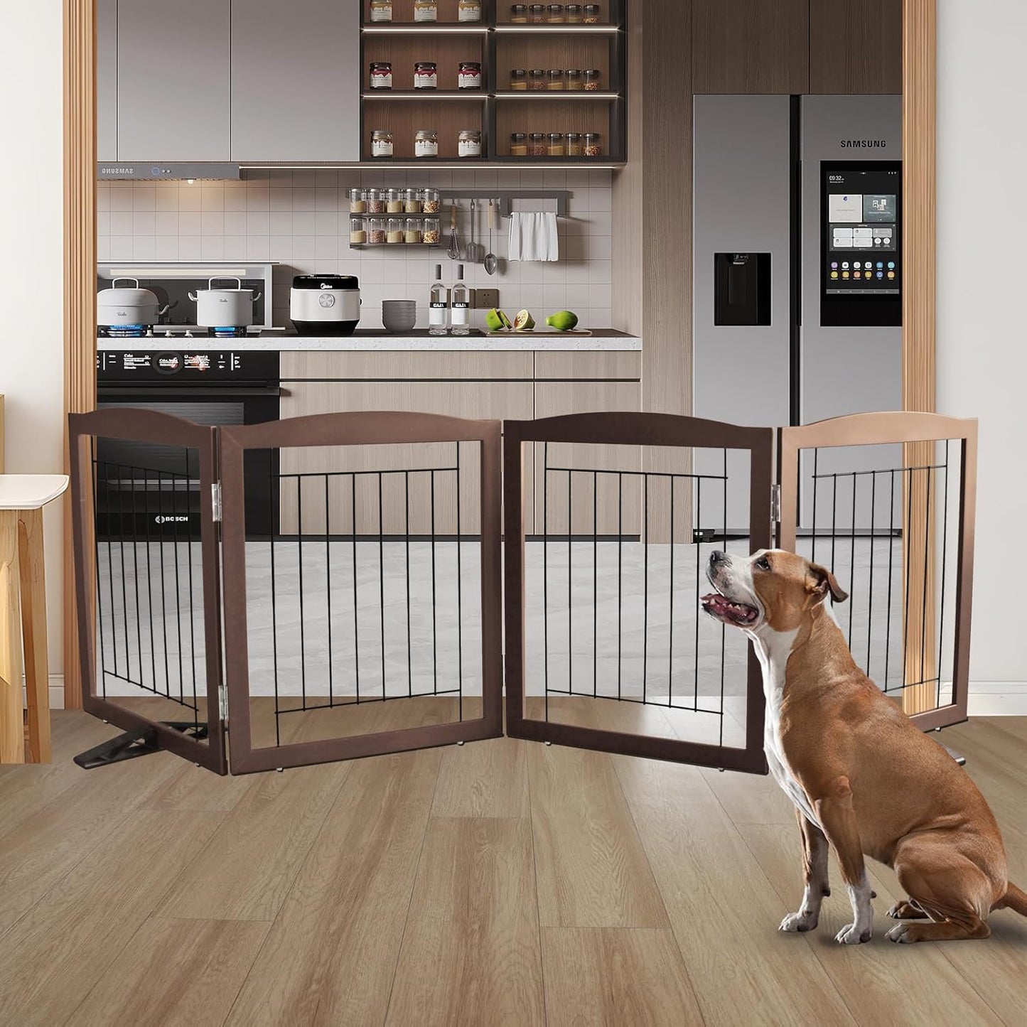 ZJSF Freestanding Dog Fence Indoor, Foldable Dog Gate for Doorways, Stairs or Hallways, Sturdy Wood Extra Wide Pet Gate with Support Feet for The House, Brown, 24 "Height-4 Panels