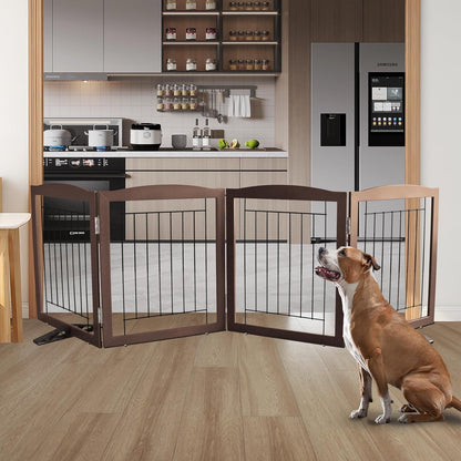 ZJSF Freestanding Dog Fence Indoor, Foldable Dog Gate for Doorways, Stairs or Hallways, Sturdy Wood Extra Wide Pet Gate with Support Feet for The House, Brown, 24 "Height-4 Panels