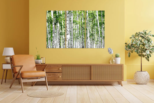 Nature Wall Art Prints - Ocean Forest Mountain Lake Canvas Landscapes - Small to Extra Large Living Room Bedroom Kitchen Bathroom Décor (Green Brich Trees, 35L" x 53W" - 3 Panels)