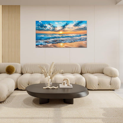 Large Beach Wall Art for Living Room Beach Sunset Ocean Waves Art Big Space Size Framed Canvas Prints Blue Pictures Painting Artwork Office Bedroom Home Decor 60"x30"