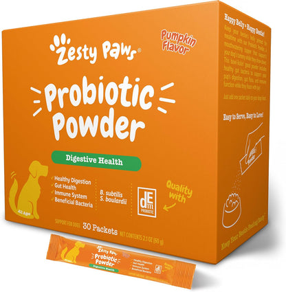 Zesty Paws Powder Probiotics for Dogs - Meal Topper for Digestive, Immune System Support - Premium DE111 Dog Probiotics for Digestive Health - Inulin Fiber & Yeast Extract - Pumpkin Flavor - 30 Ct