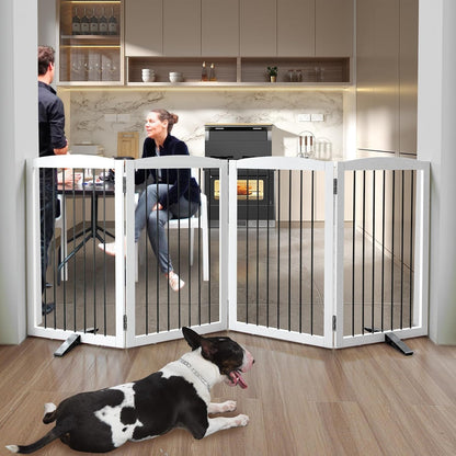 ZJSF Freestanding Panel Gate for Indoor Doorways, Stairs, or Hallways - Foldable White Wooden Dog Gates - Support Feet Included - 32" Height - 4 Panels