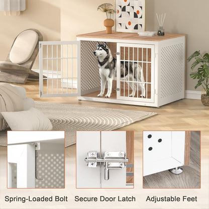 42" Heavy Duty Dog Crate Furniture for Large Dogs, Metal Kennel for High Anxiety Dogs, White Wooden Cage Furniture Indoor, Decorative Dog Kennel End Table, XL