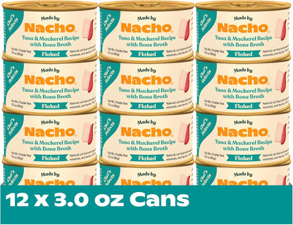 Made by Nacho Flaked Filets Recipe in Bone Broth, Grain-Free Chef's Selects Wet Food for Cats Balanced Diet in Naturally Hydrating Pumpkin-Infused Broth (3.0 oz (Pack of 12), Tuna & Mackerel)