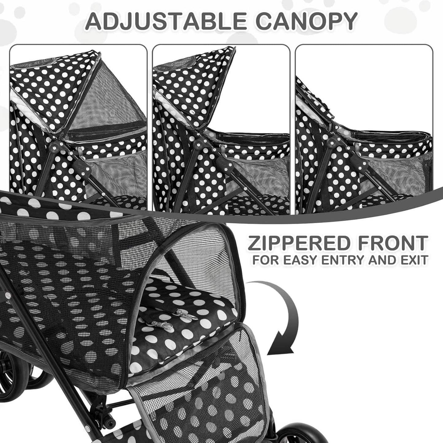 MoNiBloom 4 Wheels Pet Stroller, Easy-Fold Umbrella Shaped Dog Cat Jogger Stroller w/Storage Bag & Visible Mesh for Small/Medium Dogs Cats Black Polka Dots