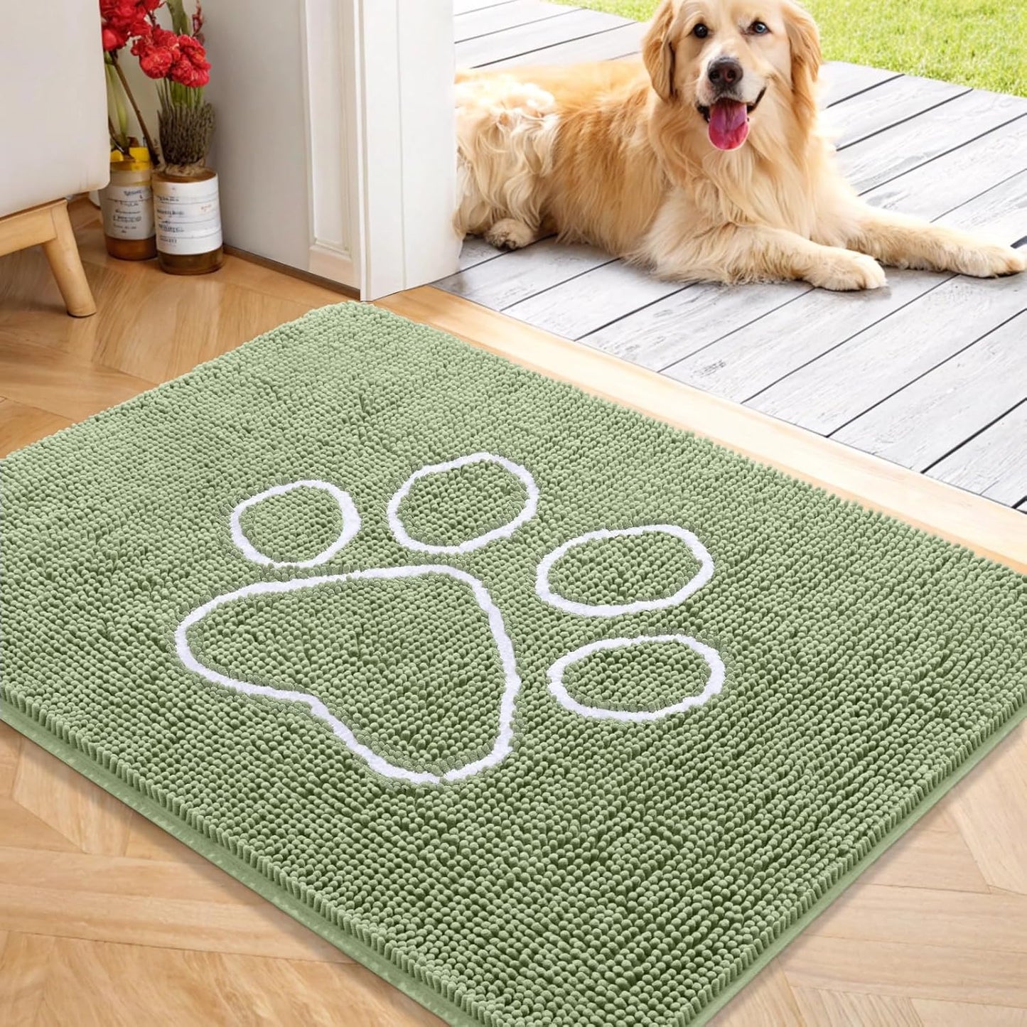 OLANLY Door Mat for Muddy Dog Paws 40x32, Ultra Absorbent Chenille Mud Doormat with Paw Print Design, Non-Slip Washable Doormat for Indoor Entryway, Quick-Dry Pet Bed Mats for Dirty Dogs, Sage Green
