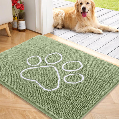 OLANLY Door Mat for Muddy Dog Paws 40x32, Ultra Absorbent Chenille Mud Doormat with Paw Print Design, Non-Slip Washable Doormat for Indoor Entryway, Quick-Dry Pet Bed Mats for Dirty Dogs, Sage Green