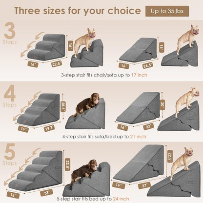 EHEYCIGA Curved Foldable Dog Stairs Ramp for Small Dogs 16" H, 3-Step Dog Steps for Couch Sofa and Chair, Pet Stairs for Cats, Non-Slip Balanced Pet Steps Indoor, Grey