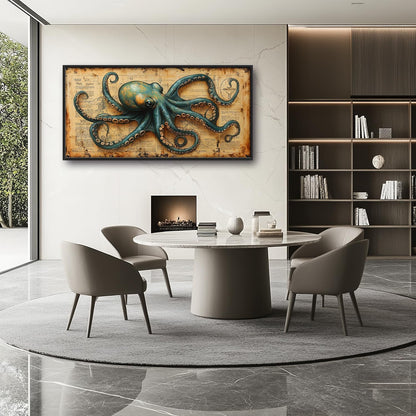 Large Octopus Nautical Wall Art for Living Room, Vintage Ocean Canvas Oversized Wall Decor, Rustic Sea Animal Framed Pictures Painting Print Artwork for Bedroom Office 60"L x 30"W