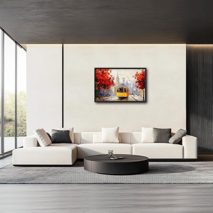 Large Cityscape Wall Art for Living Room, Framed Oversized Urban Tram Wall Decor Tree Landscape Canvas Painting Modern Artwork for Living Room Bathroom Bedroom Office Dining Room 36"x24"