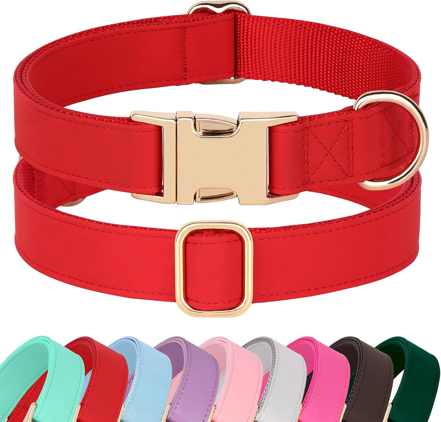 PET ARTIST Soft PU Leather Dog Collar, Bright & Classic Red Dog Collar with Quick Release Rose Metal Buckle, Adjustable Nylon Padded Durable Pet Collars for Large Dogs Girl, Neck Fit 16-27"