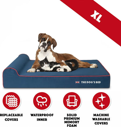 The Dog’s Bed Orthopedic Headrest Dog Bed XL Blue Oxford with Red Trim UK Flag Dog Bed 46x28, Memory Foam, Hip & Elbow Dysplasia, Post Surgery, Veterinary Approved, Waterproof Washable Cover