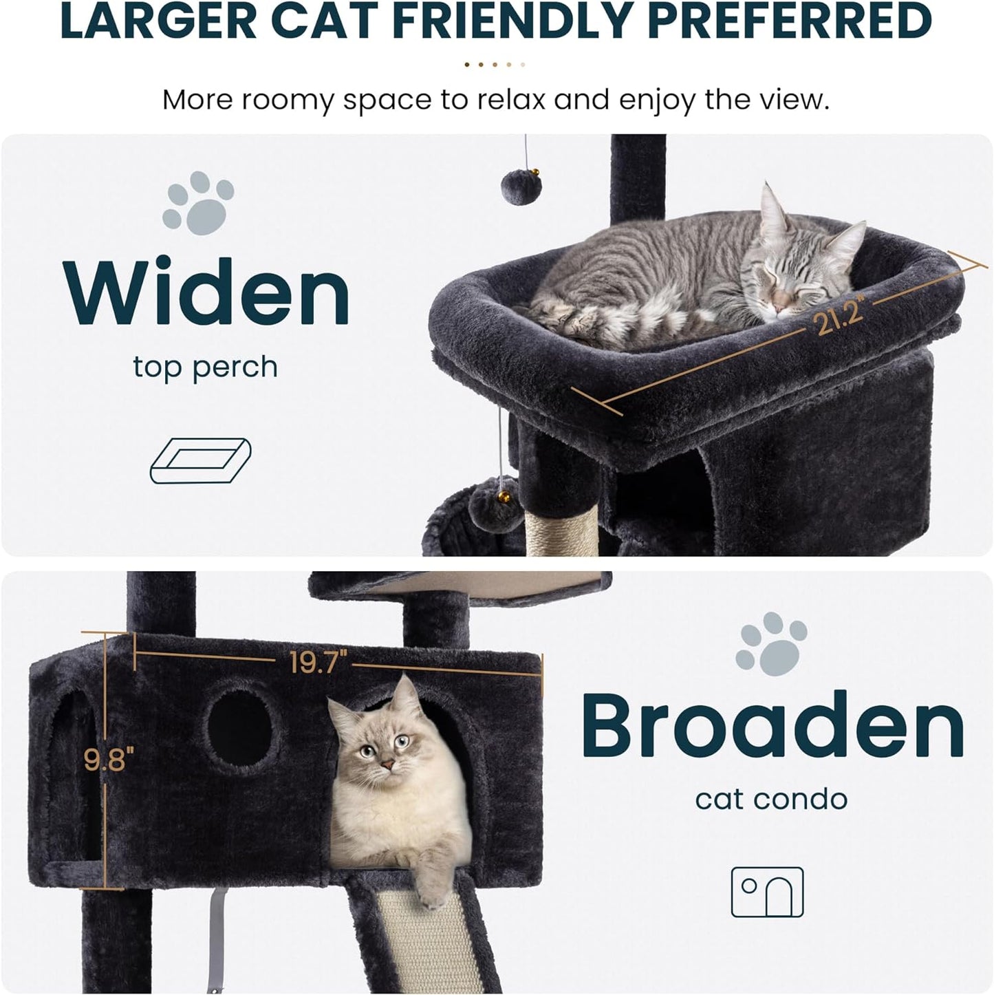 SHA CERLIN 65in Larger Cat Tree Tower Condo for Indoor Kitties/Multi-Level Furniture Activity Center with Wide Base/Cozy Plush Cat Perches/Baskets/Sisal Scratching Posts and Hammock/Dark Grey