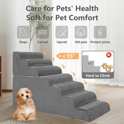 𝟳 𝗦𝘁𝗲𝗽𝘀 Dog Steps for High Bed, 30'' High Dog Stairs for Small Dogs, Waterproof Pet Stairs for Small Old Large Dogs and Cats with Removable Cover & PE Support Board for Bed, Car or Couch