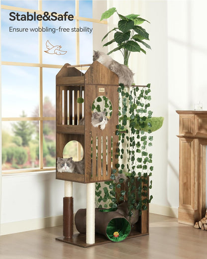 FourFurPets Large Cat Tree with Leaves, 72.8-Inch Cat Tower for Indoor Cats, Modern Cat Tree with Scratching Post, Large Perch, Tunnels, Swing Ball, Self Groomer, Greige