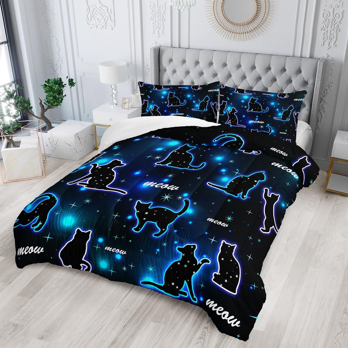 Kawaii Pet Cat Comforter 3Pcs Twin Gradient Line Cute Kitten Animal Bedding Set for Kids Teens Girls Boys Cat Glitter Polka Dots Pattern Quilt Bed Decor with 1 Comforter and 2 Pillowcases