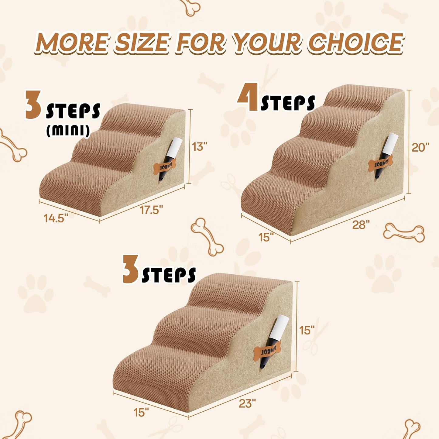 Romrol Dog Stairs Ramp for Beds Couches, Extra Wide Pet Steps with Durable Non-Slip Waterproof Fabric Cover, Dog Slope Stairs for Small Dogs and Cats or Pets Friendly, 3-Tiers, 13 Inch,Light Brown