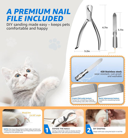 Pet Nail Clippers for Cats & Small Medium Dogs Puppies, Cat Nail Trimmer with All-Steel Material, Extra-Sharp Durable Blades, Ergonomic Handle, Professional Grooming Tool with Free Nail File