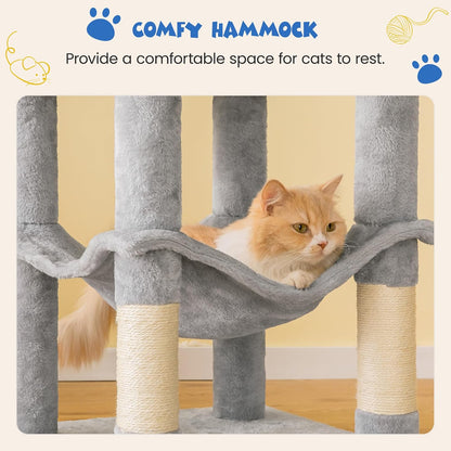 MWPO 63.8 inches Multi-Level Cat Tree for Large Cats with Sisal-Covered Scratching Posts, Padded Platform, Hammock and Condo,Stable Cat Tower Cat Condo Pet Play House-Light Gray