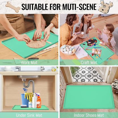 MateeyLife Dog & Cat Food Mat - Waterproof, Nonslip Dog Bowl Mats with Raised Edges, Silicone Matt Tray for Messy Drinkers, 22"x14", MintGreen