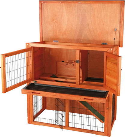TRIXIE natura Outdoor Rabbit Hutch with Run - 2-Story Rabbit Cage with Non-Slip Ramp - Medium Elevated Small Animal House with Secure Playpen, Hinged Roof & Pull-Out Tray - in Brown