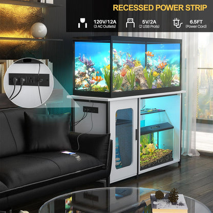 55-75 Gallon Fish Tank Stand with Power Outlets & LED Light, Reversible Heavy Duty Metal Aquarium Stand with Cabinet for Fish Tank Accessories Storage, Turtle/Reptile Terrariums, White