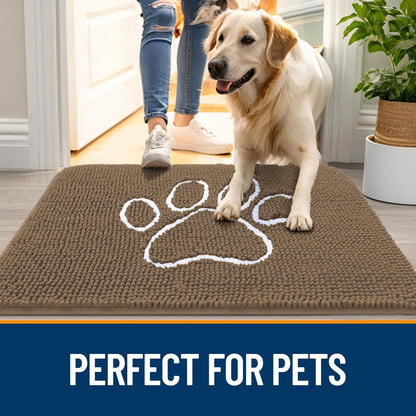 OLANLY Door Mat for Muddy Dog Paws 47x24, Ultra Absorbent Chenille Mud Doormat with Paw Print Design, Non-Slip Washable Doormat for Indoor Entryway, Quick-Dry Pet Bed Mats for Dirty Dogs, Tan