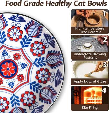 Non-Slip Cat Bowl,Ceramic Cat Food Bowls with Silicone Bottom, Anti-Whisker Fatigue Cats Dishes Set, Shallow & Wide Kitten Plates for Food and Water, 4 Pack
