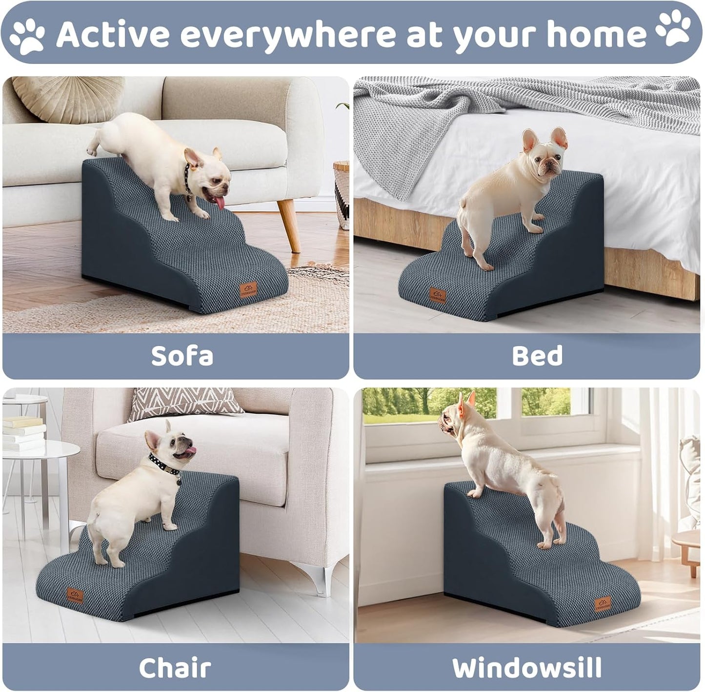 Dog Ramp and Stair for Bed 16" H-20 H,3-Step Cat Stair for Sofa and Chair,4-Step Dog Ramp for High Bed and Window,Durable Nonslip Fabric Cover for Indoor (Dark Grey-16 H, Pet Friendly, 3)