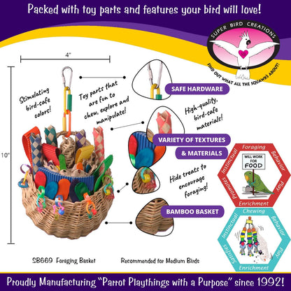 Super Bird Creations SB669 Wicker Foraging Basket Bird Toy for Parrots Cockatiels Ringnecks Medium Conures Quakers,Caiques Pionus - Crunchy Multi-Colored Textures - Medium Bird Size, 10” x 4” x 5”