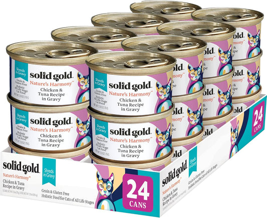 Solid Gold Wet Cat Food Shreds in Gravy - Healthy Canned Cat Food Made w/Real Chicken & Tuna Shreds, Vitamins & Minerals - Grain Free & Gluten Free Canned Meals for Cats & Kittens - 24ct/3oz Can