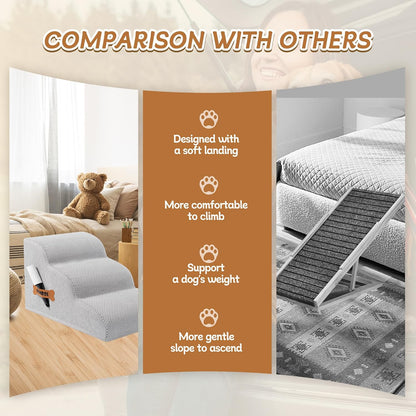 Romrol Dog Stairs Ramp for Beds Couches, Extra Wide Pet Steps with Durable Non-Slip Waterproof Fabric Cover, Dog Slope Stairs for Small Dogs and Cats or Pets Friendly, 3-Tiers, 13 Inch,Light Grey