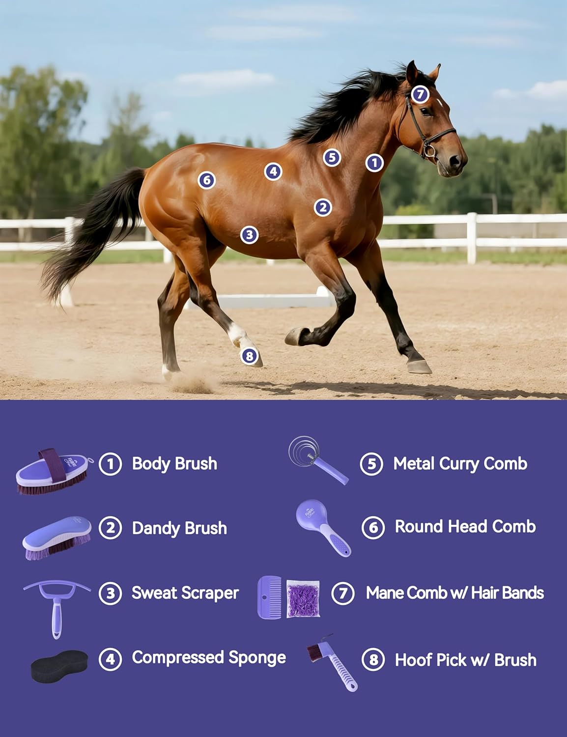9PCS Horse Grooming Kit Curry Comb Sweat Scraper Horse Bathing Supplies Grooming Tools with Storage Bag Sugar Taro