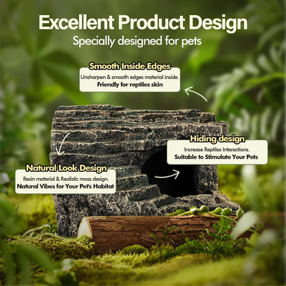 Reptile Hide, Great for Geckos, Snakes, Bearded Dragons & Lizards. with Steps for Reptile Rock Climbing, It Doubles as Aquarium Rock Cave Corner Reptile Cave for Climbing Hiding. (Stone, A-XLarge)