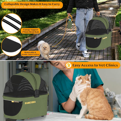 PAWZIDEA Cat Stroller 4 in 1, Pet Stroller for Small/Medium Dogs with Detachable Carrier Easy Lock NO-Zip Canopy, Seatbelt Dog Car Seat, Cozy House, Foldable Dog Jogger Strollers, Large Storage Basket