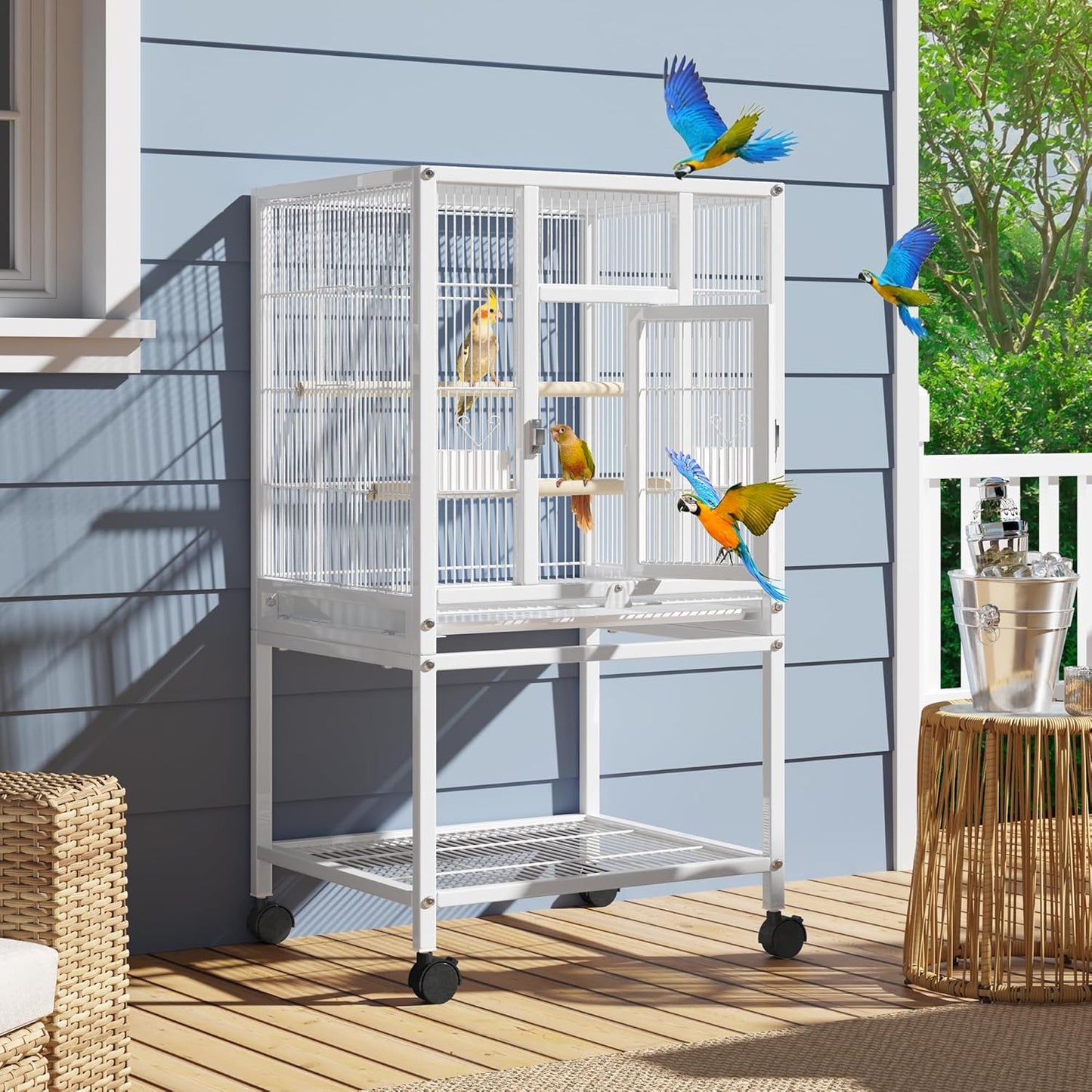 YITAHOME 41 inches Metal Bird Cage for Parakeets: Large Parrot Cages with Tray, Food Boxes, and Wooden Perches with Rolling Stand & Brakes for Lovebirds Cockatiels Pigeon Finches, White