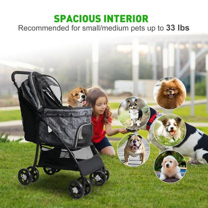 Lightweight Pet Stroller for Small/Medium Dogs and Cats - Foldable Travel Carriage with Storage Basket, Breathable Mesh & 4 Wheels - Up to 33 lbs – Black