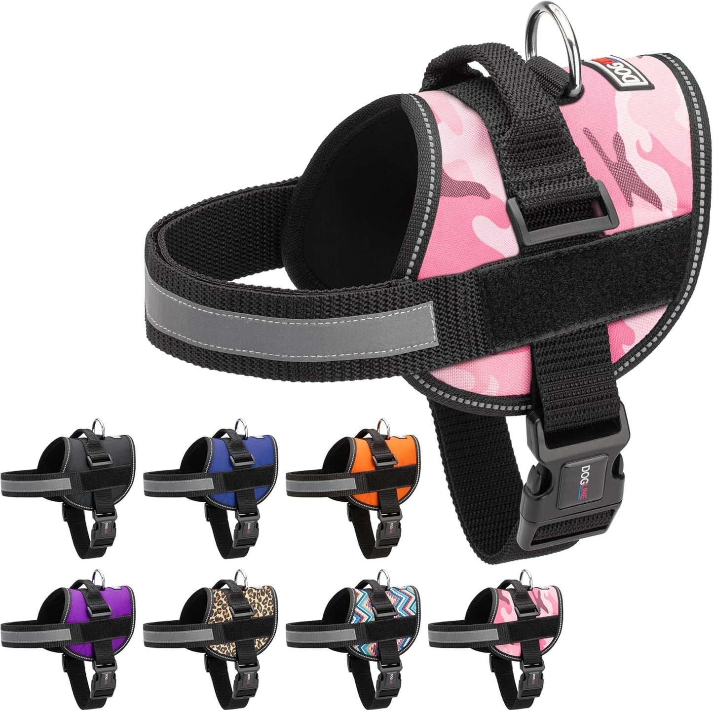 Dogline Dog Harness, Reflective No-Pull Adjustable Vest with Handle for Walking, Training, Breathable, No - Choke Harness for Small, Medium or Large Dogs Room for Patches Girth 33"-46" in Pink Camo