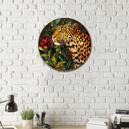 Lygond Metal Sign Tin Sign Circular Stained Glass Leopard Home Decor For Restaurant 8×8 Inches
