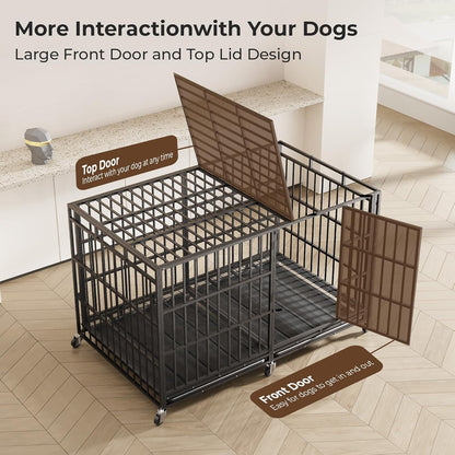 78 Inch Heavy Duty Indestructible Dog Crate Steel Escape Proof, Indoor Double Door High Anxiety Cage, Kennel with Wheels,Removable Tray,Extra Large Dogs XL XXL XXXL