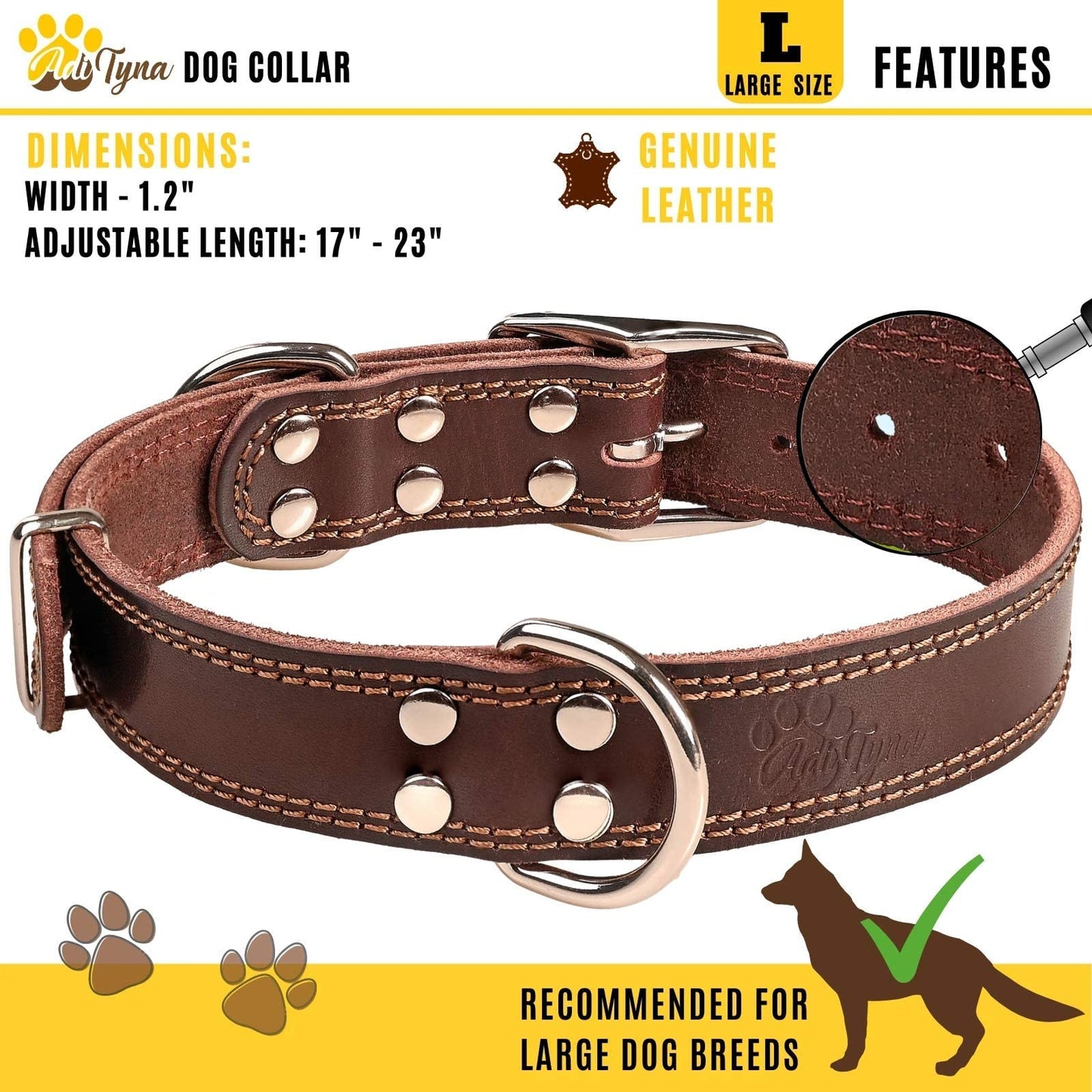 ADITYNA Heavy Duty Leather Dog Collar for Large Dogs. Chosen for real quality, fits naturally into