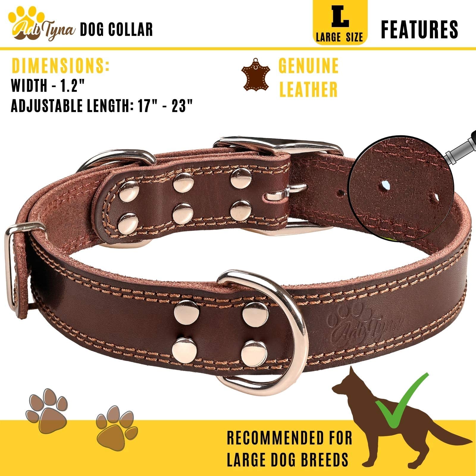 ADITYNA Heavy Duty Leather Dog Collar for Large Dogs. Chosen for real quality, fits naturally into