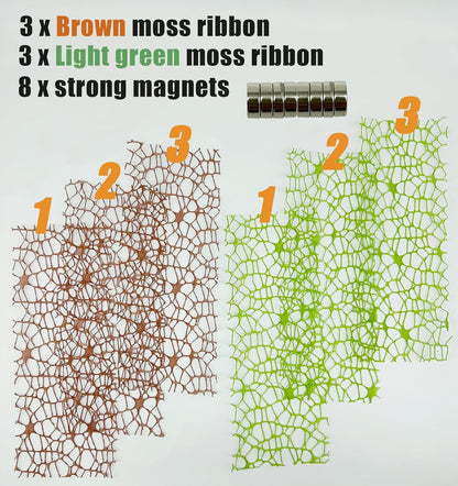 6 PCS Jumping Spider Habitat Accessories-Jumping Spider Webbed Moss Ribbon with Magnets for Spoods Jumping Spider Enclosure Spoods Climbing (3pcs Green + 3pcs Brown)
