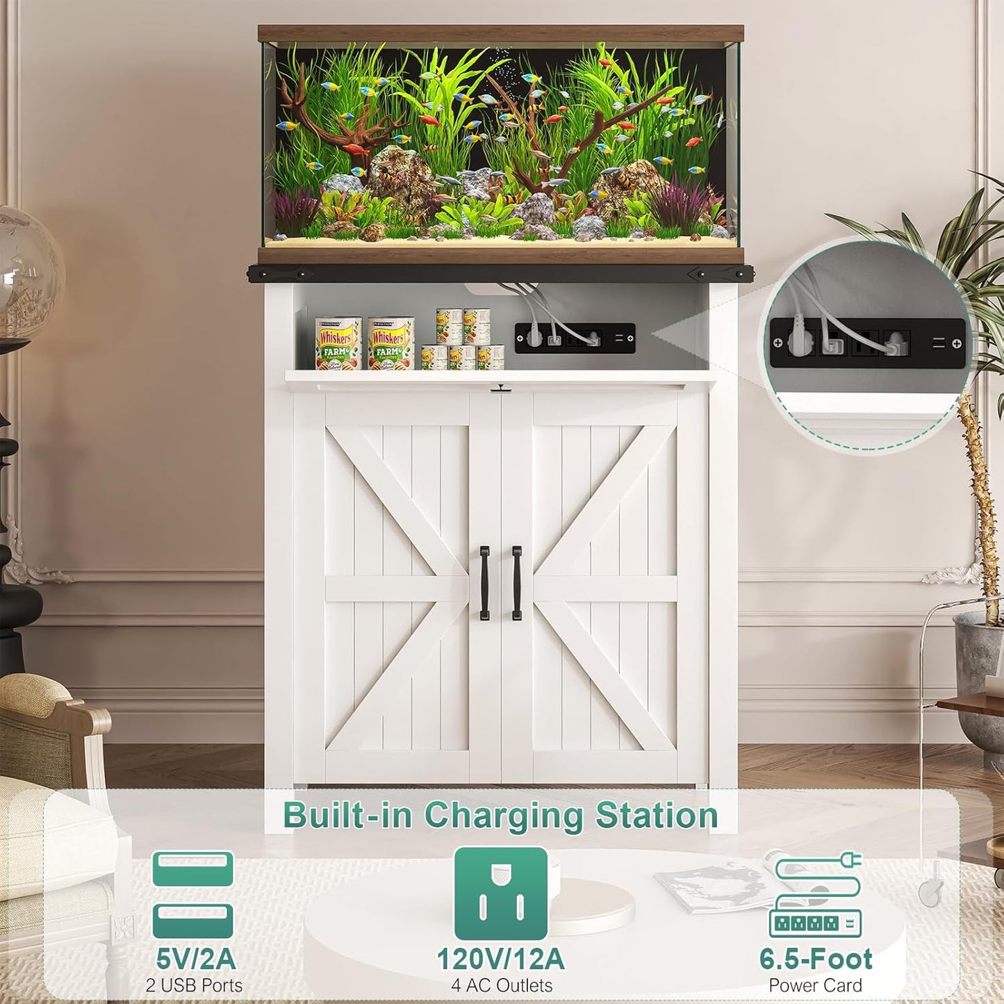 Suadism 20 Gallon Aquarium Stand With Charging Station, Farmhouse Fish Tank Stand, Reptile and Terrarium Stand with Drawer and Cabinet Storage, Sturdy Heavy Duty 27.6"15.7" - White