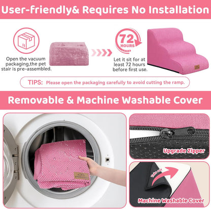 Dog Ramp and Stair for Bed 16" H-20 H,3-Step Cat Stair for Sofa and Chair,4-Step Dog Ramp for High Bed and Window,Durable Nonslip Fabric Cover for Indoor (Pink-16 H, Pet Friendly, 3)