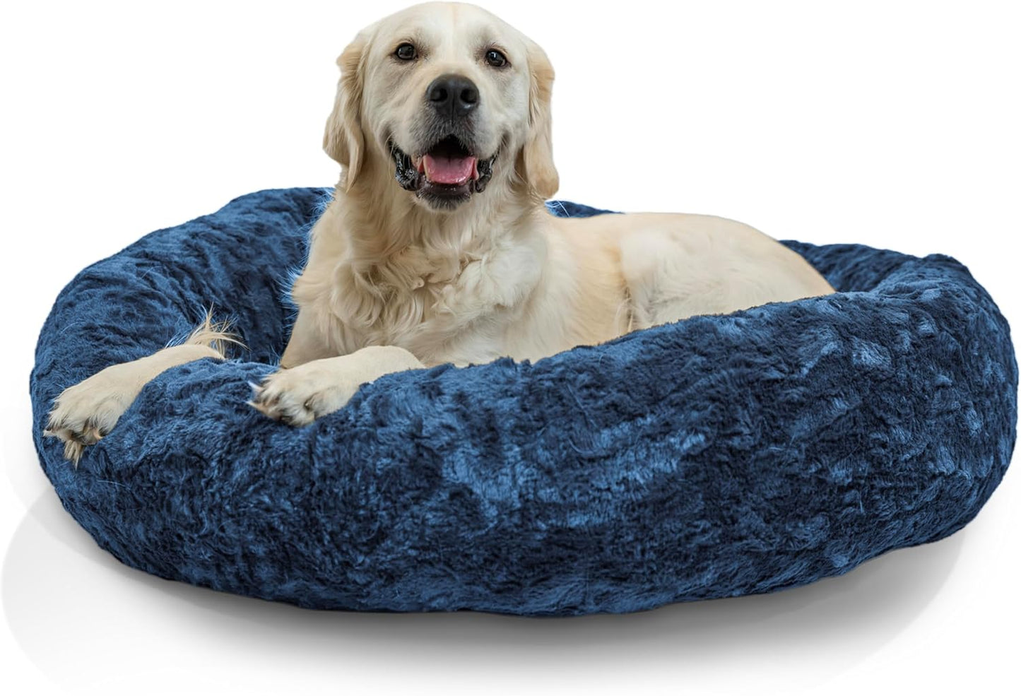 Best Friends by Sheri Original Calming Donut Dog and Cat Bed, Lux Faux Fur, Navy Blue, (36in x 36in) - Anxiety Relief for Pets Up to 100 lbs